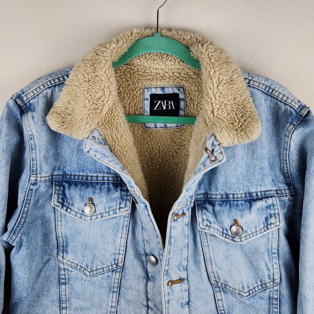 Zara Men's Faux Sherpa Lined Denim Jean Jacket sz L - Picture 3 of 13